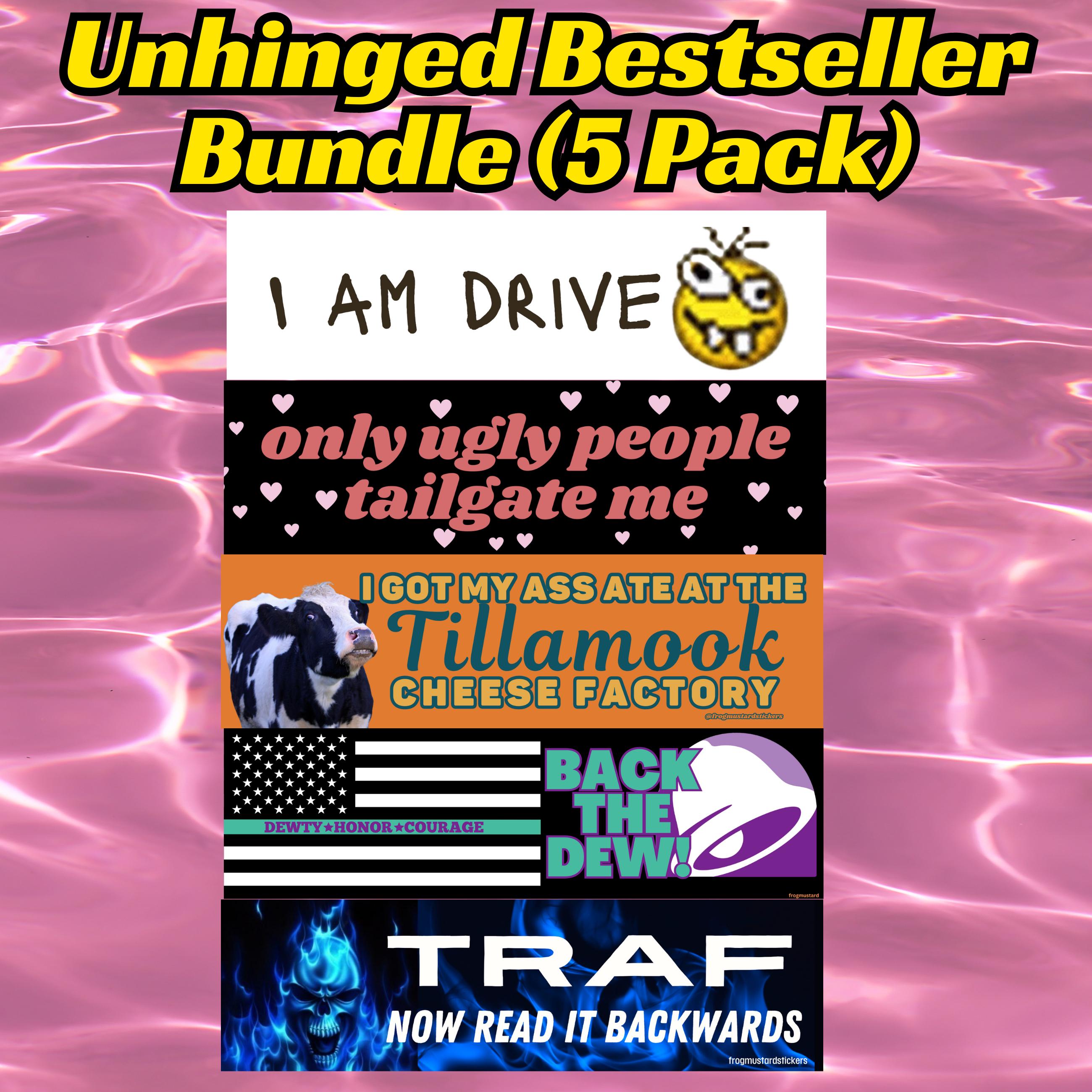 Unhinged Bestseller Bundle - 5 Pack - Premium Weather-proof Vinyl Stickers or Magnets - frogmustard stickers